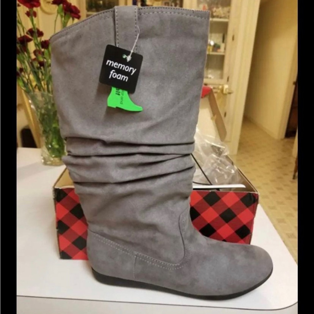 New Womens slouch boots gray memory foam pull on faux suede